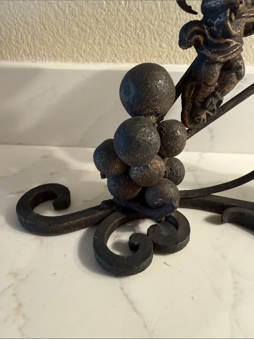 Vintage Wrought Iron Cherub Grapes Metal 3-Arm Candelabra